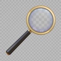 3d golden magnify glass with handle and lens zoom view. Realistic magnifier loupe. Search or analytic with magnifying Royalty Free Stock Photo