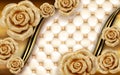 3d golden mural background with flowers , pearl , Jewelery , circles and butterfly . marble and capitone wallpaper