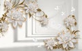 3d golden mural background with flowers , pearl , Jewelery , circles and butterfly . marble and capitone wallpaper Royalty Free Stock Photo