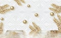 3d golden mural background with flowers , pearl , Jewelery , circles and butterfly . marble and capitone wallpaper