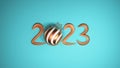 3D Golden 2023 Number With Bauble, Snowflake, Stars On Blue