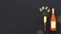 3D Golden 2023 Number With Champagne Bottle, Flute Glass, Star Sticks, Swirl Ribbon, Snowflake On Black Royalty Free Stock Photo