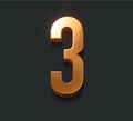 3d golden number three, 3d illustration, dark background