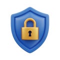 3D Golden Padlock on Blue Shield Icon Representing Security and Protection image photo Royalty Free Stock Photo