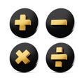 3d Golden Plus, Minus, Multiply And Divide Symbol On Rounded Black Icons, 3d illustration