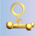 3d golden realistic gender women symbol, with flying geometric figures creative design of female metallic sign