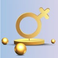 3d golden realistic gender women symbol, with flying geometric figures creative design of female metallic sign