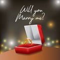 3D golden ring engagement propose will you marry me with red box and night view