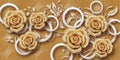 3D Golden rose flower wallpaper background, High quality circles rendering decorative photomural.