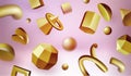 3d golden shapes, geometric elements. Abstract gold donut, spiral and cone, yellow metal render objects, futuristic