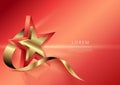 3d golden star with golden ribbon curved on soft red background. Template luxury premium award design Royalty Free Stock Photo