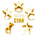 3d golden star set with variations of angles of view. Royalty Free Stock Photo