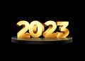 3d golden 2023 text on podium platform for new year festival