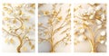 3d golden tree with white flora leaves in white background. flowers branches leaves, wall art decor