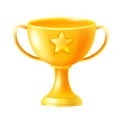 3D golden trophy icon, vector winner trofeo, game UI victory cup, first place celebrate goblet.