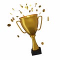 3D golden trophy, realistic champion cup render, game winner award, honour prize badge reward.