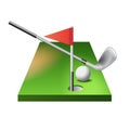 3d golf course with club, ball and red flag in hole isolated on white background, vector illustration. Royalty Free Stock Photo