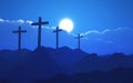 3D Good Friday background with crosses in a mountain landscape