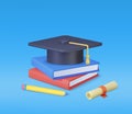 3D graduation cap,book and diploma Royalty Free Stock Photo