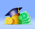 3D Graduation Cap and Cash Money Royalty Free Stock Photo
