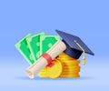 3D Graduation Cap and Diploma with Cash Money Royalty Free Stock Photo