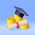 3D Graduation Cap and Diploma with Cash Money Royalty Free Stock Photo
