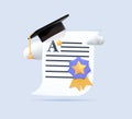 3D graduation of university, college education. Graduation hat and diploma medal, badge winner. 3d vector education