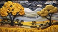 Spiral Yellow Tree Landscape: Intricate, Textural, And Romantic Paper Art