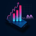 3d graph of business financial growth with mobile - illustration