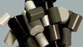3D graphic depicting a cluster of shiny soft black, white and gray cylinders on a gray background. 3D Render