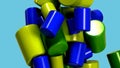 3D graphic depicting a cluster of shiny soft blue, green and yellow cylinders floating on a blue background. 3D Render