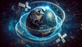 3D graphic of multi-layered digital globe with swirling data patterns around it. Satellites orbit the globe sending and receiving