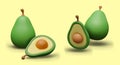 3D green avocado and half with stone. Set of images in plasticine style Royalty Free Stock Photo