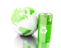 3d Green battery with recycling symbol and earth globe Royalty Free Stock Photo