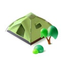 3d Green Camping Tent Textile with Tree and Bush Cartoon Style. Vector