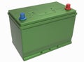 3D green car battery with red and blue terminals on white