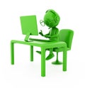 3d green character. Operator - programmer working on computer