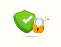 3d green check mark on a shield icon, secured lock, isolated on background. Concept for validation, safe account, data Royalty Free Stock Photo