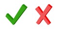 3d green check mark symbol and red cross, yes sign fact and myth verified fulfilled correct answer Royalty Free Stock Photo