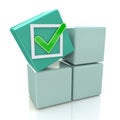 3d green cube with check sign on grey boxes