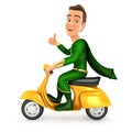 3d green hero riding scooter with thumb up