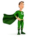 3d green hero standing with cape in the wind