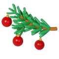 3D Green Lush Spruce Branch with red Merry Christmas toys. Render Abstract Evergreen Tree, Fir Branch. Happy New Year