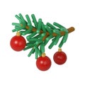 3D Green Lush Spruce Branch with red Merry Christmas toys. Render Abstract Evergreen Tree, Fir Branch. Happy New Year