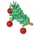 3D Green Lush Spruce Branch with red Merry Christmas toys. Render Abstract Evergreen Tree, Fir Branch. Happy New Year