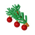 3D Green Lush Spruce Winter Branch with red Merry Christmas toys. Render Abstract Evergreen Tree, Fir Branch. Happy New