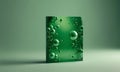3D green rectangular object with bubbles and spheres on its surface, set against gradient green background.