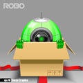 3d green robo eyeborg exiting from a brown box