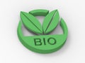 3D green and round icon with two leaves, message of bio, organic, ecologic, healthy lifestyle, environment preservation