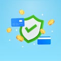 3d green shield with checkmark, banking credit cards, coins, isolated on background. Secured transaction banner concept